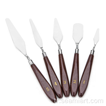 5 adet palet bıçağı seti boyama paslanmaz kazıyıcı spatula ahşap tutamak sanatçı tuval yağ boya renk karıştırma kek dekorasyon